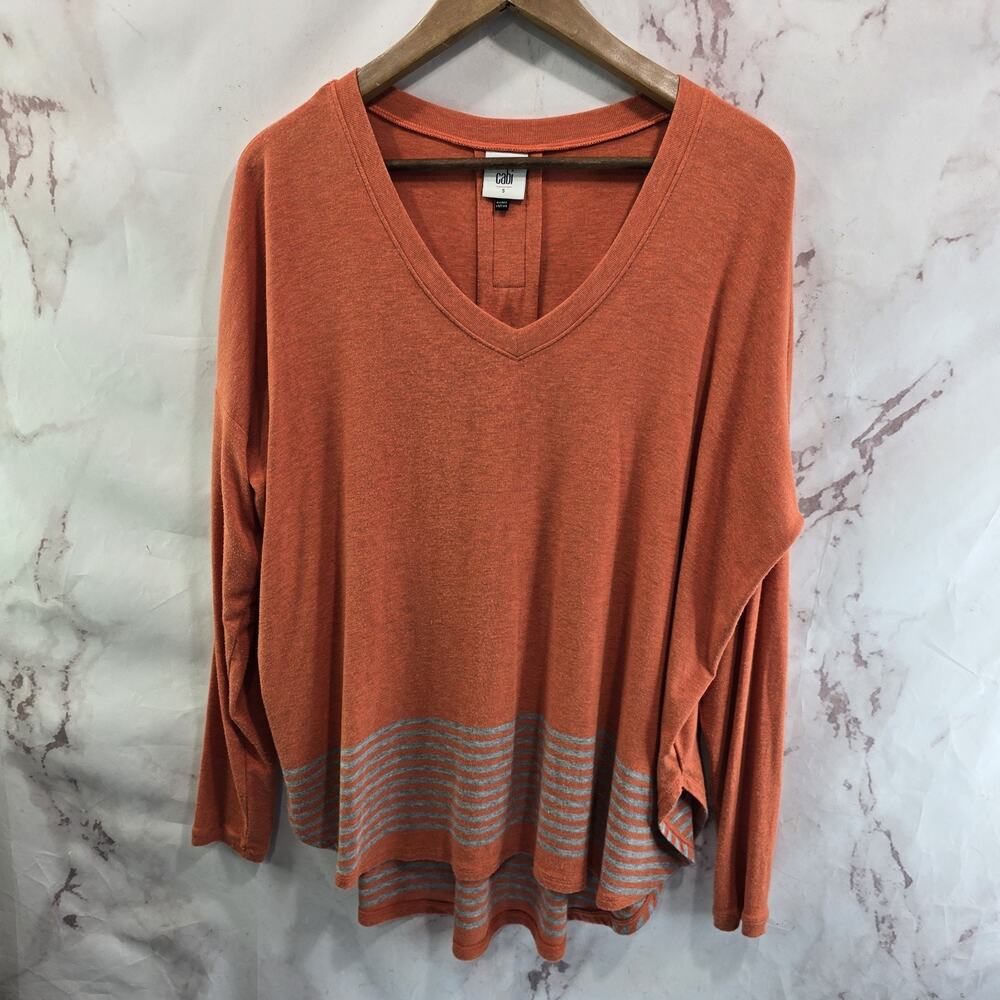 Cabi T Shirt Women Small Orange Gray Striped Top V Long Sleeve Hang Out 4190